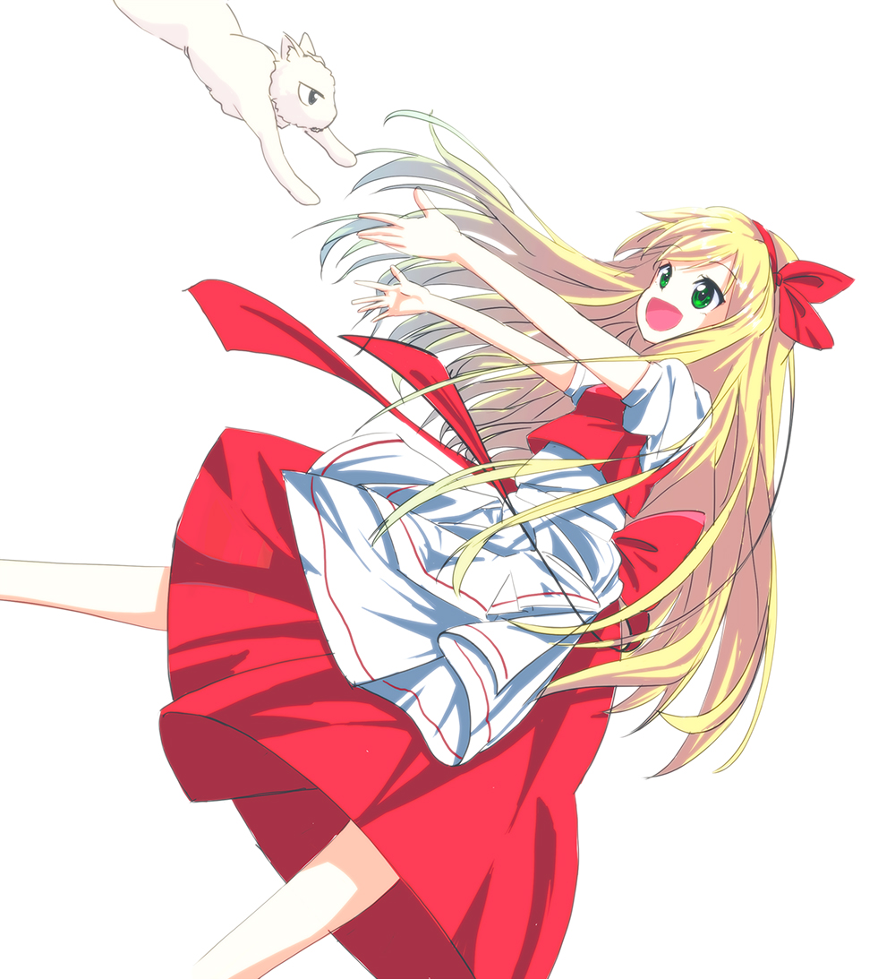 1girl, :d, apron, blonde_hair, cat, dutch_angle, ellen, green_eyes