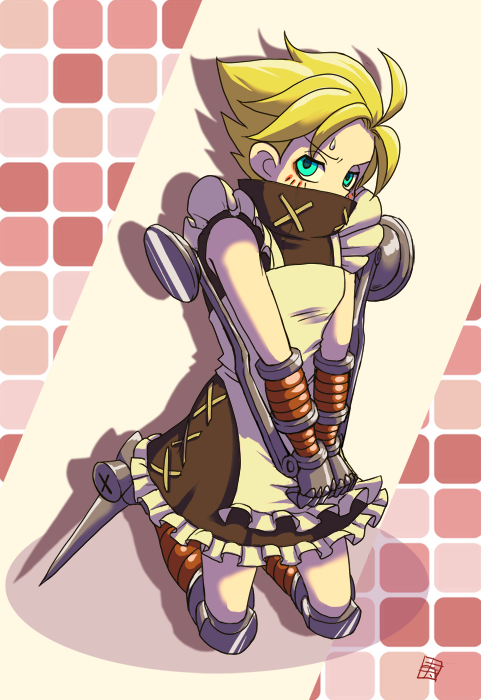 1boy, ahoge, apron, blonde_hair, blue_eyes, blush, crossdressinging, dress, kidatoshiwo, leduc_(skullgirls), male, simple_background, skullgirls, solo, white_background