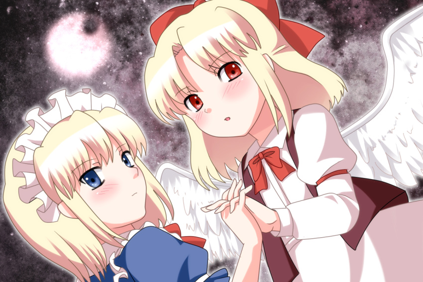 2girls, :o, arm_garter, blonde_hair, blue_eyes, blush, bow, bowtie