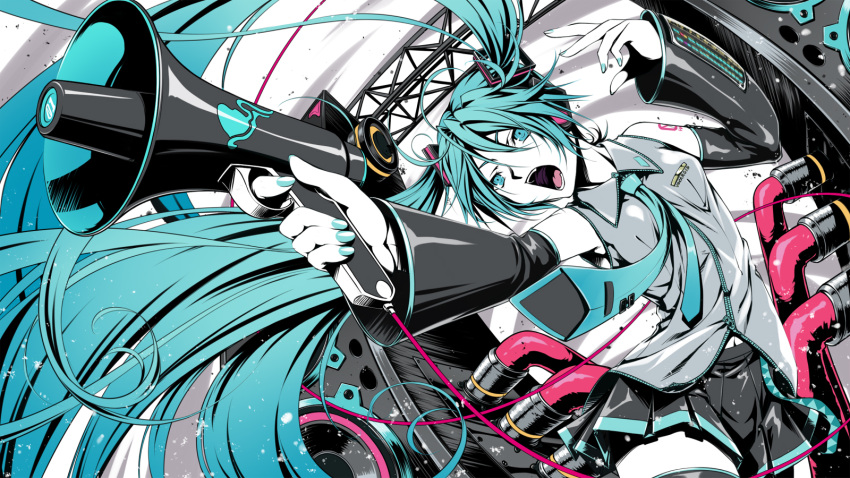 1girl, aqua_eyes, aqua_hair, black_legwear, detached_sleeves, fingernails, hatsune_miku, highres, koi_wa_sensou_(vocaloid), long_hair, m2_(speedyage), megaphone, nail_polish, necktie, open_mouth, pleated_skirt, revision, skirt, solo, speaker, thigh-highs, twintails, very_long_hair, vocaloid, zettai_ryouiki