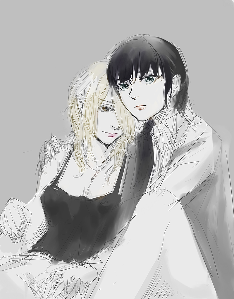 2girls, black_hair, blonde_hair, grey, grey_background, hair_over_one_eye, hand_on_shoulder, karanomori_shion