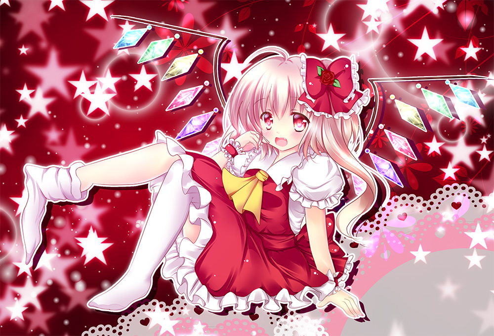 1girl, blonde_hair, bow, dress, fang, flandre_scarlet, flower, hair_bow