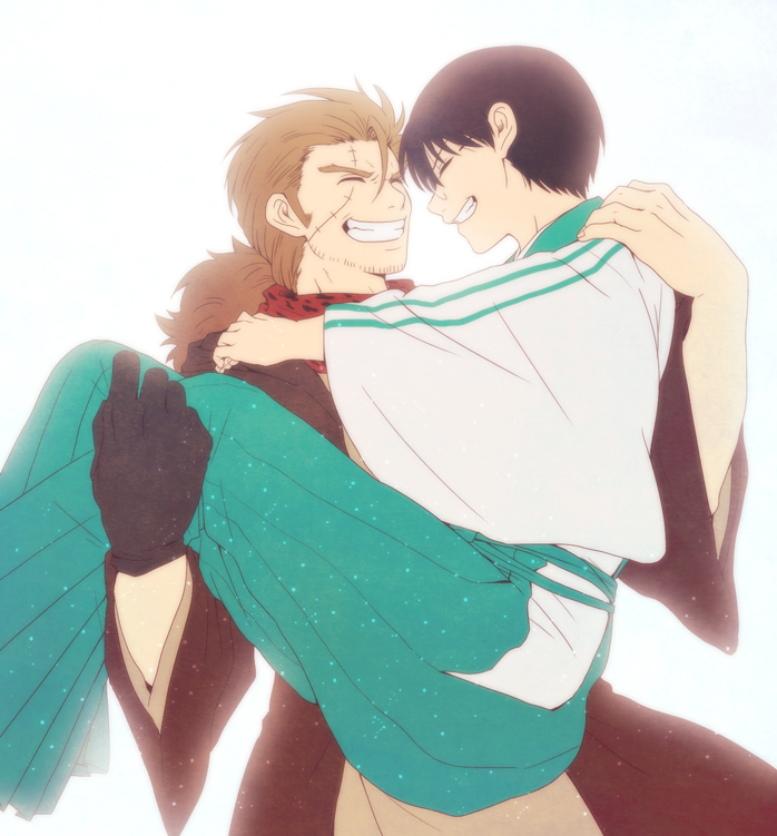 2boys, black_hair, brown_hair, carrying, closed_eyes, gintama, glasses, gloves