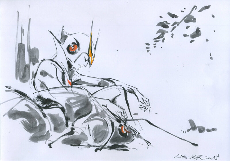 1boy, casshan_robot_hunter, casshern, dog, friender, hayama_jun'ichi, marker_(medium), traditional_media