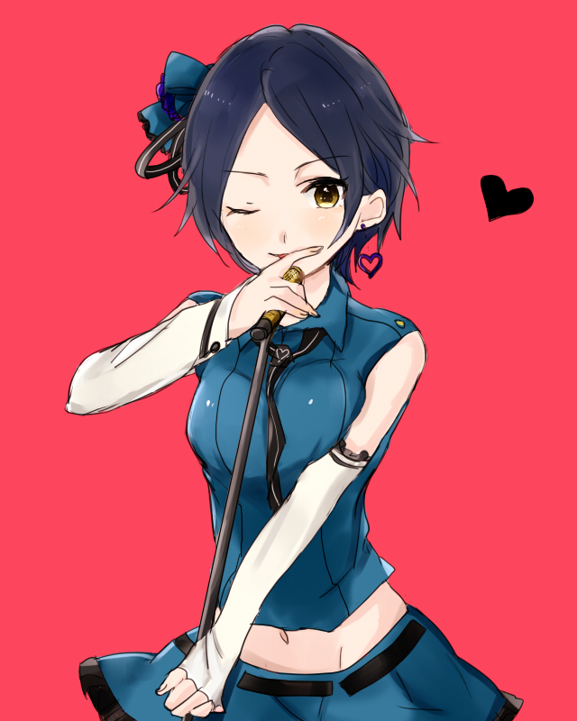 1girl, bare_shoulders, black_hair, bow, detached_sleeves, earrings, hayami_kanade, heart