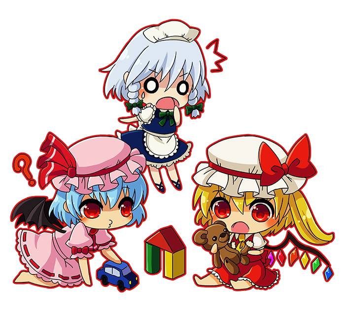 /\/\/\, 3girls, ?, apron, ascot, bat_wings, blonde_hair, blue_hair