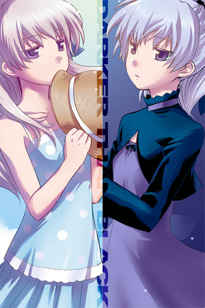 camisole, darker_than_black, dress, dual_persona, flat_chest, hat, long_hair, polka_dot