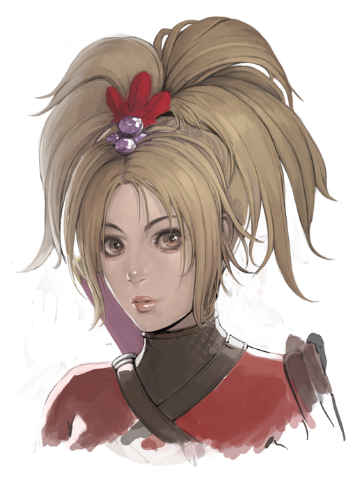 1girl, blonde_hair, brown_eyes, female, hair_ornament, hair_up, lips, natsu_(soulcalibur)