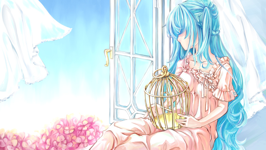 1girl, aqua_hair, birdcage, cage, curtains, door, dress, flower