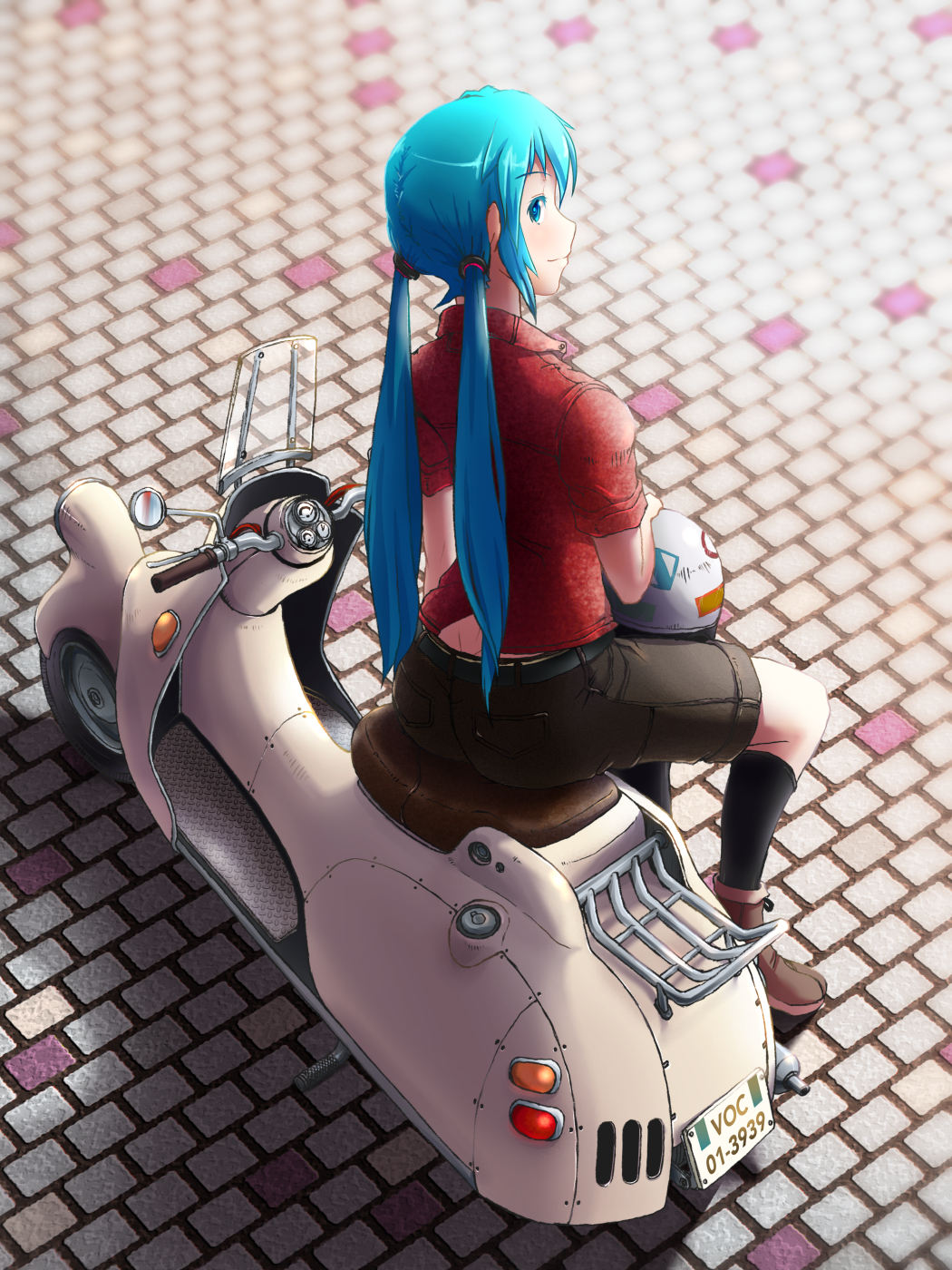 1girl, 39, aqua_eyes, aqua_hair, belt, from_above, hatsune_miku, helmet
