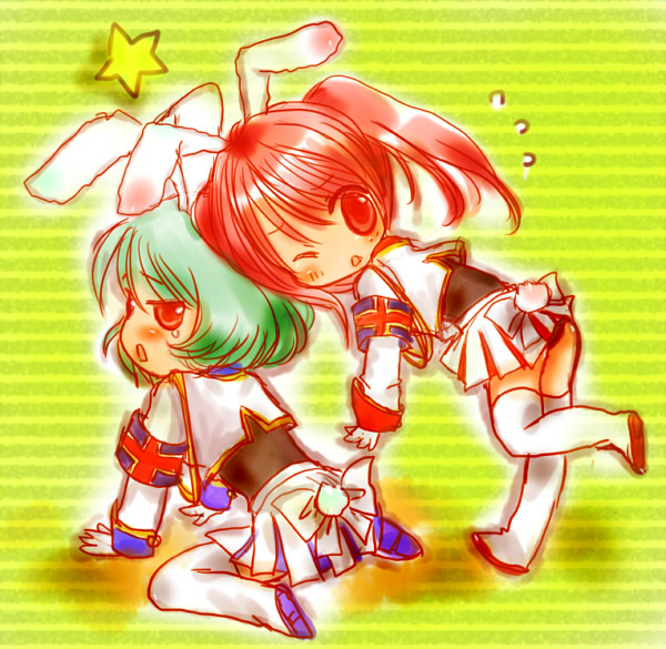 animal_ears, armband, bow, bunny_ears, green_hair, leotard, midori-neko, miniskirt