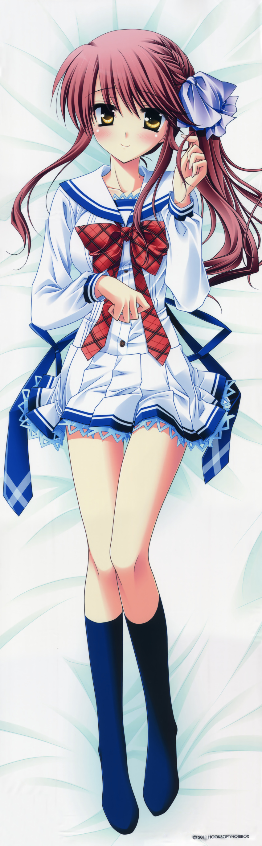 1girl, absurdres, aiba_soujirou, black_legwear, brown_hair, dakimakura, highres, huge_filesize, legs, long_hair, matsushita_makako, sakura_bitmap, school_uniform, side_ponytail, socks, yellow_eyes