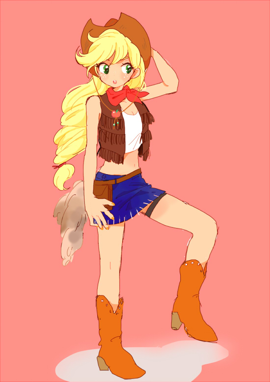 1girl, applejack, blonde_hair, boots, cowboy_hat, food_themed_clothes, freckles, full_body