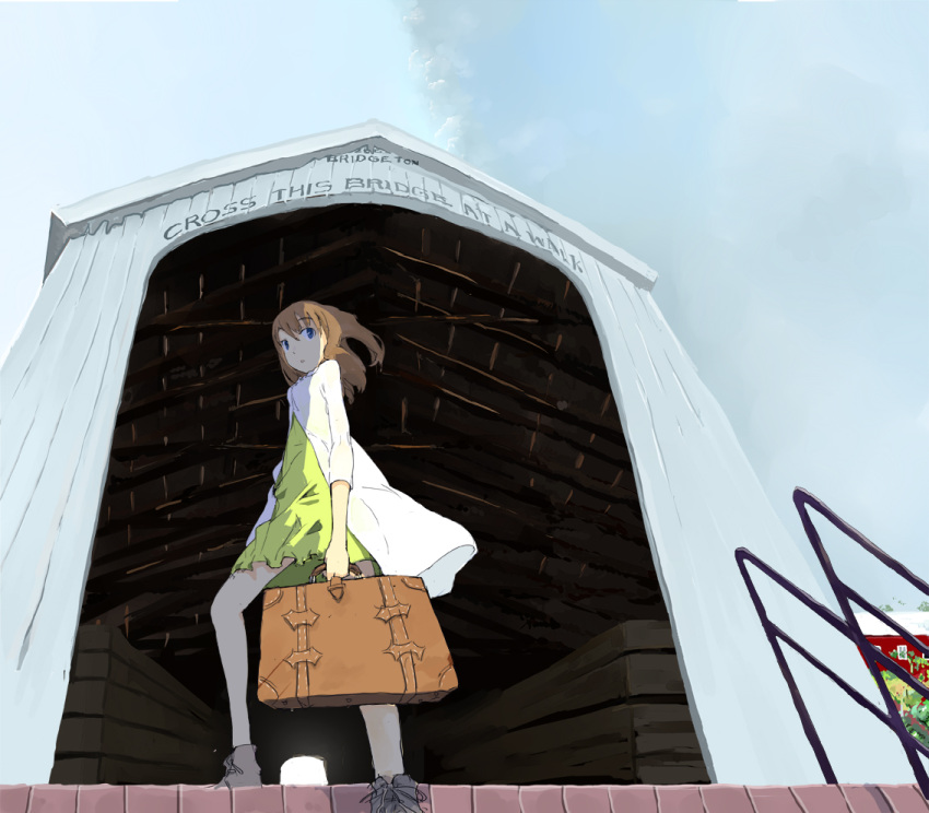 barn, blue_eyes, bridge, brown_hair, cloud, clouds, keisan, scenery
