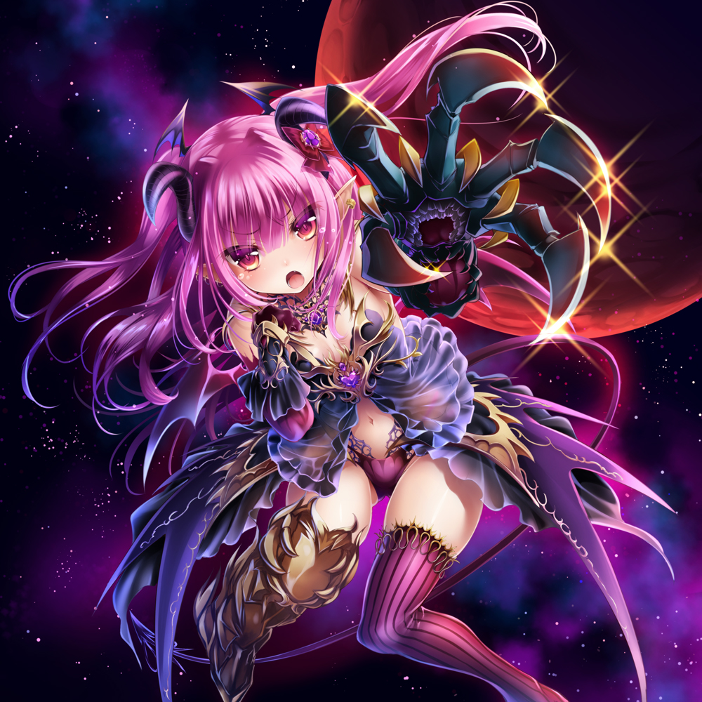 1girl, :o, bow, claws, demon_girl, earrings, fang, hair_bow