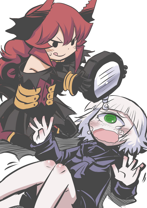 2girls, :q, blush, chibi, crying, crying_with_eyes_open, cyclops, demon_girl