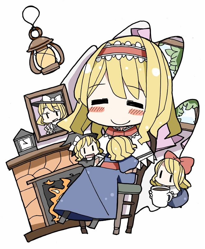 1girl, =_=, adomi, alice_margatroid, blonde_hair, blush, bow, brown_hair, capelet, character_doll, clock, cup, doll, dress, fireplace, hairband, kirisame_marisa, long_hair, photo_(object), ribbon, shanghai_doll, short_hair, sitting, smile, touhou, |_|