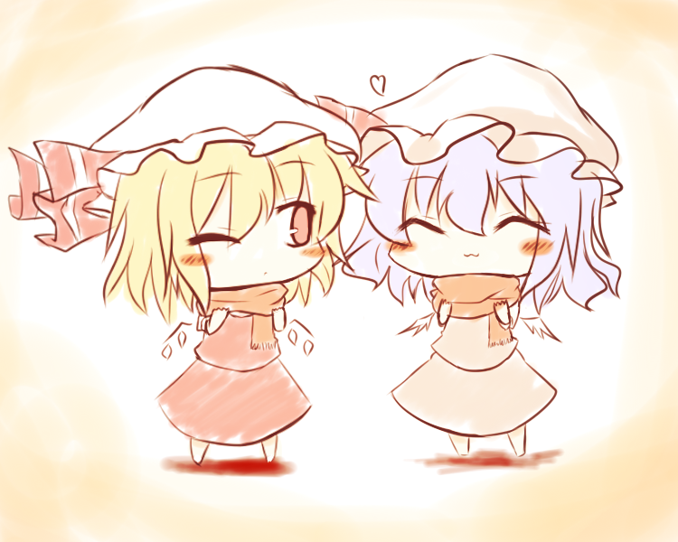 2girls, ^_^, bat_wings, blonde_hair, blue_hair, blush, chibi, closed_eyes