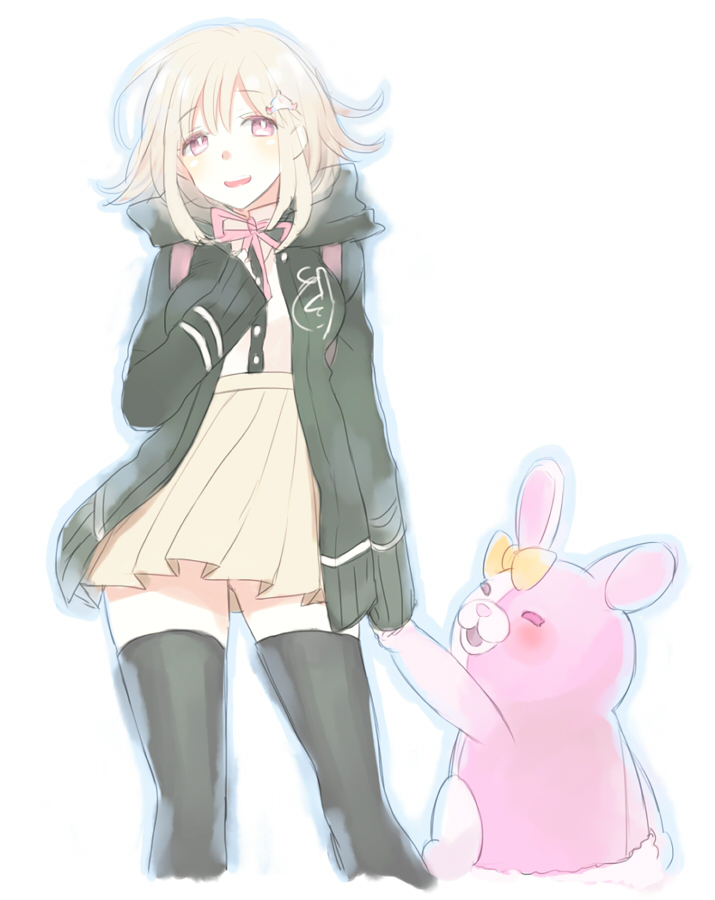 1girl, backpack, bag, black_legwear, dangan_ronpa, flipped_hair, hair_ornament, hairclip