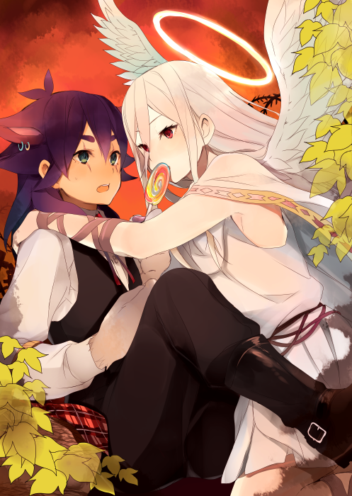 2boys, afuro_terumi, ai5108, angel_wings, animal_ears, boots, candy, crossover, earrings, halo, inazuma_eleven, inazuma_eleven_(series), inazuma_eleven_go, jewelry, kishibe_taiga, lollipop, long_hair, male, multiple_boys, open_mouth, purple_hair, time_paradox, tunic, wings