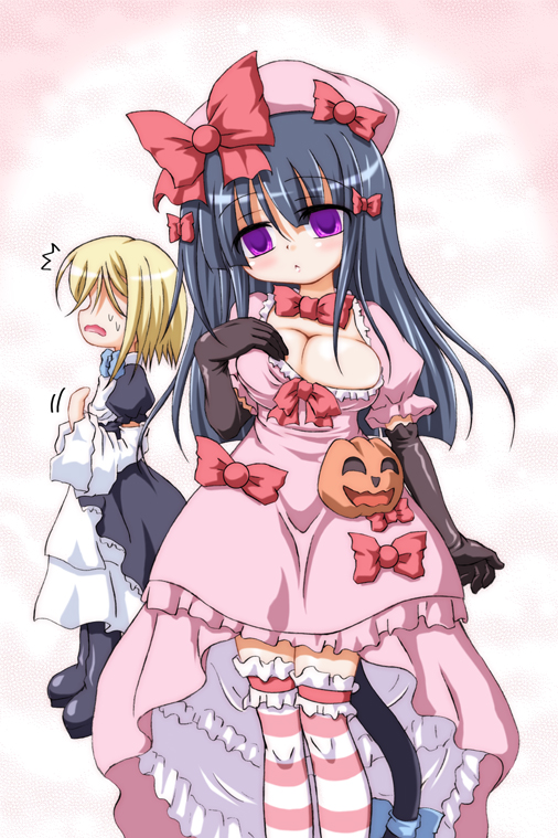 2girls, breast_envy, breasts, cleavage, cosplay, costume_switch, flat_chest, frederica_bernkastel