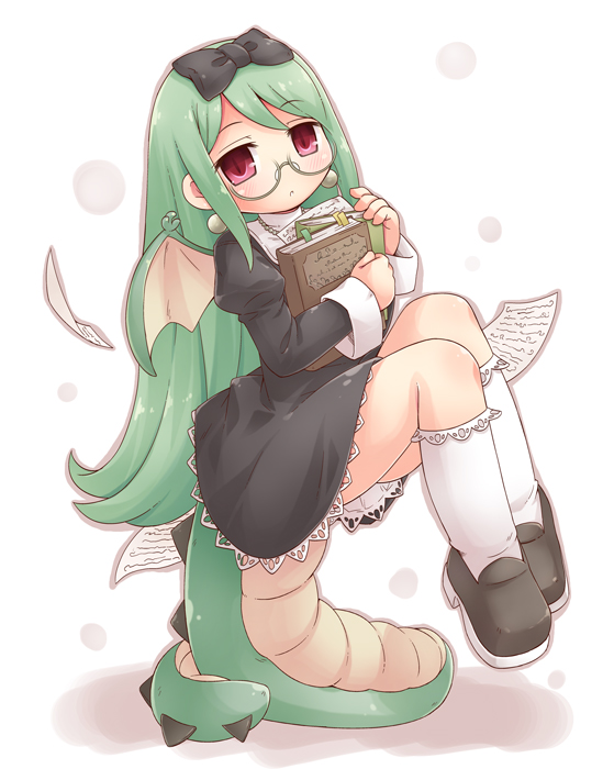 1girl, blush, book, bow, dragon_girl, dragon_tail, dragon_wings, dress