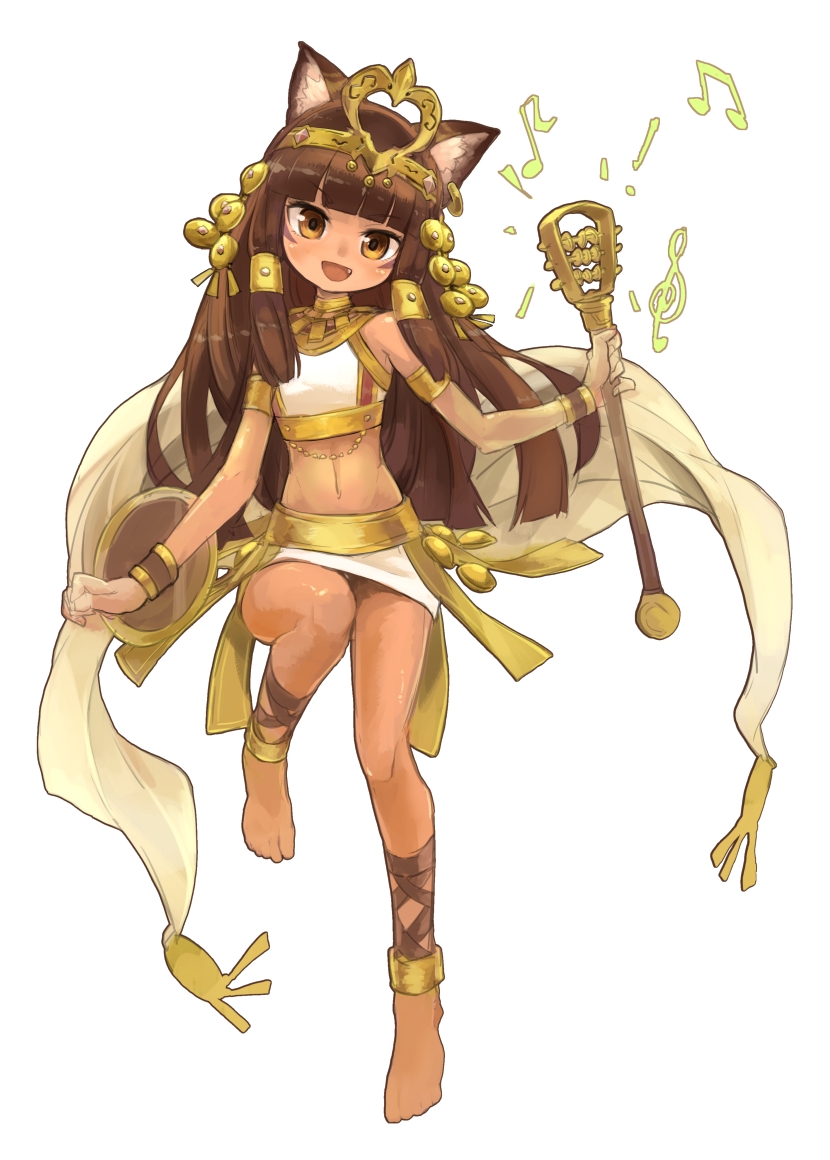 1girl, animal_ears, ankle_lace-up, armlet, barefoot, bastet_(p&amp;d), bracer, brown_eyes