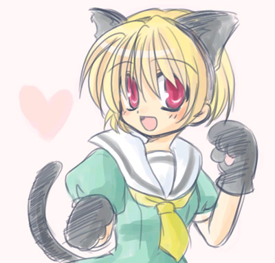 blonde_hair, dress, gloves, higurashi_no_naku_koro_ni, nekomimi, red_eyes, satoko_houjo, seifuku