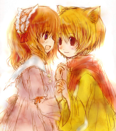 blonde_hair, blush, brown_hair, dress, frills, hand_holding, holding_hands, lowres