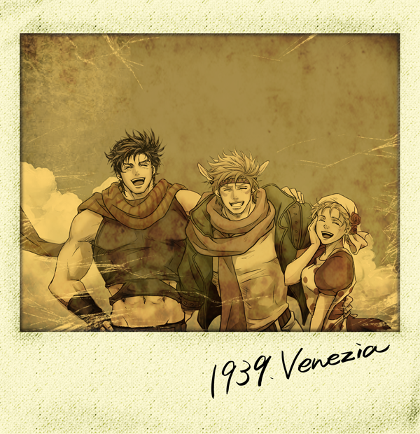 1girl, 2boys, bandana, caesar_anthonio_zeppeli, feathers, headband, jacket, jojo_no_kimyou_na_bouken