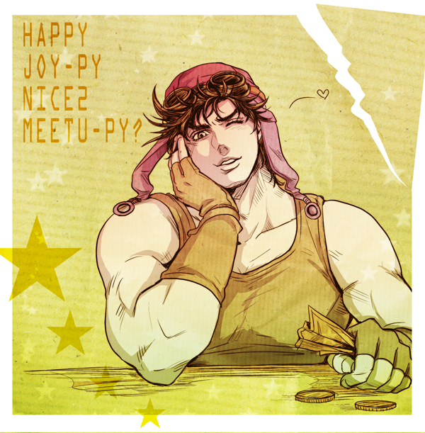 1boy, aviator_hat, fingerless_gloves, gloves, gradient, jojo_no_kimyou_na_bouken, joseph_joestar_(young), manly, money, monochrome, mrlee, muscle, solo, wink