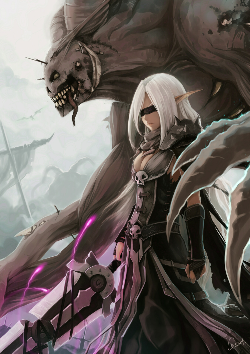 1girl, absurdres, armor, blindfold, cape, crazat, dress, elf, gloves, highres, long_hair, monster, original, pointy_ears, skull, spikes, sword, weapon, white_hair