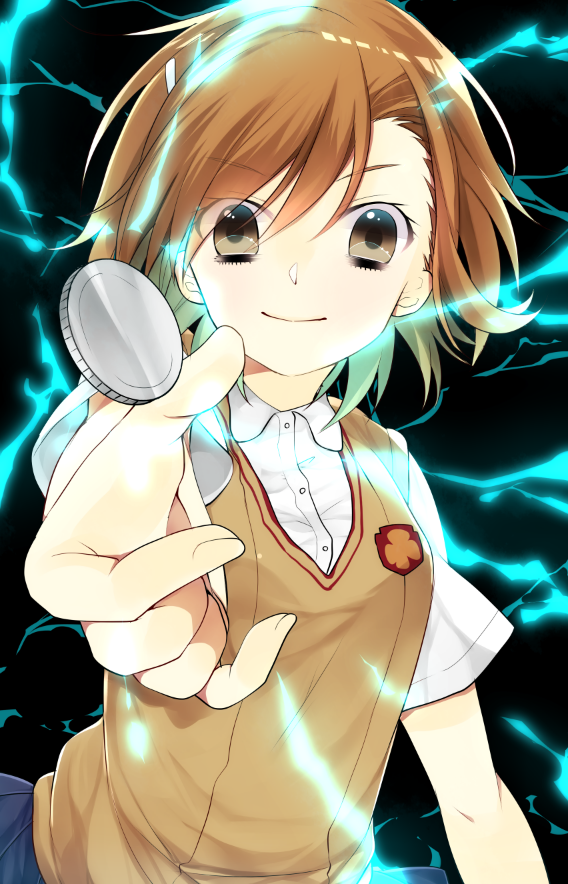 brown_eyes, brown_hair, coin, electricity, hair_ornament, hairpin, hanata, misaka_mikoto