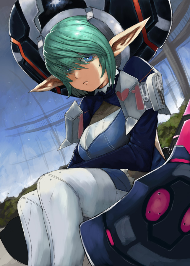 1girl, blue_eyes, green_hair, hat, mel_von_shiina, phantasy_star_online_2, pointy_ears, shaun_(fallenicons)
