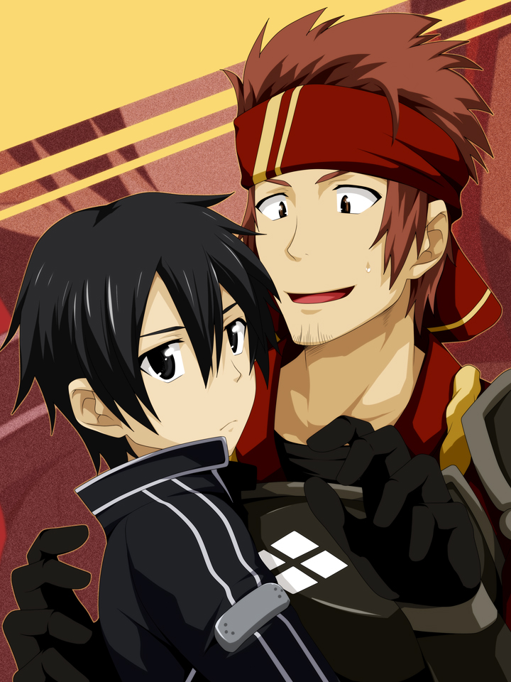 2boys, bandana, black_eyes, black_hair, brown_eyes, brown_hair, gloves, kirito, klein, male, multiple_boys, nura, short_hair, spiky_hair, sword_art_online