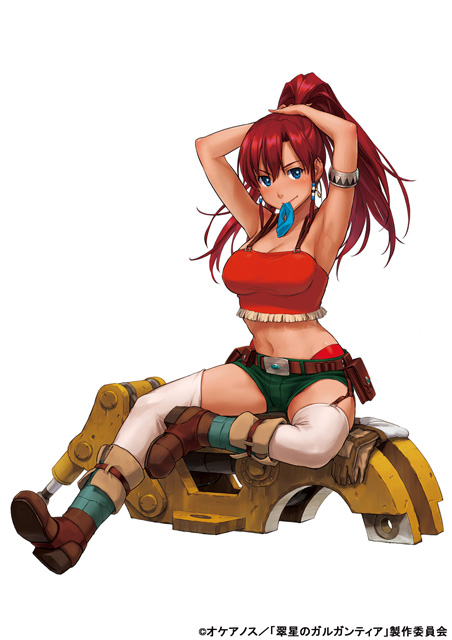 1girl, adjusting_hair, armlet, arms_up, artist_request, bare_shoulders, bellows_(suisei_no_gargantia), belt, blue_eyes, boots, breasts, large_breasts, long_hair, looking_at_viewer, midriff, mouth_hold, navel, ponytail, redhead, scrunchie, short_shorts, shorts, sitting, sleeveless, solo, suisei_no_gargantia, thigh-highs, white_legwear