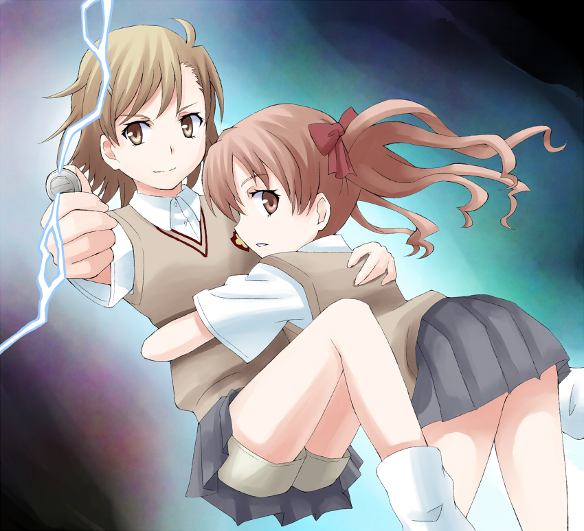 2girls, biribiri, brown_eyes, brown_hair, coin, electricity, hug, long_hair