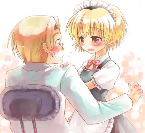 apron, blonde_hair, blush, bow, higurashi_no_naku_koro_ni, irie_kyosuke, maid, red_eyes