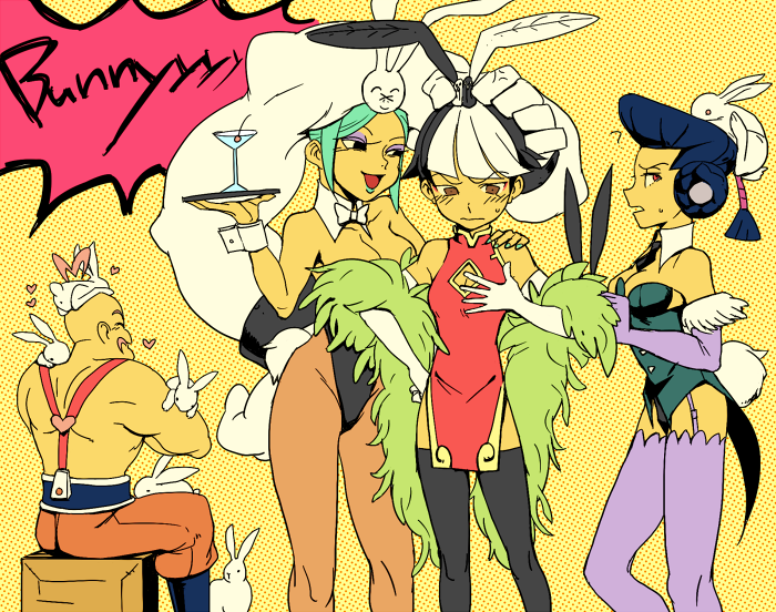 1boy, 3girls, ahoge, alternate_costume, animal_ears, animal_on_head, aqua_hair, bald, bare_shoulders, beatrix_(skullgirls), black_legwear, bowtie, breasts, bunny_girl, bunny_tail, bunnysuit, cerebella_(skullgirls), cleavage, cleavage_cutout, detached_collar, dress, eyeshadow, feng_(skullgirls), garter_straps, hair_rings, heart, heart_ahoge, hubrecht_(skullgirls), large_breasts, makeup, martini_glass, multiple_girls, osiriperopero, pantyhose, purple_legwear, rabbit, rabbit_ears, short_dress, side_slit, skullgirls, tail, thigh-highs, tray, vice-versa_(skullgirls)