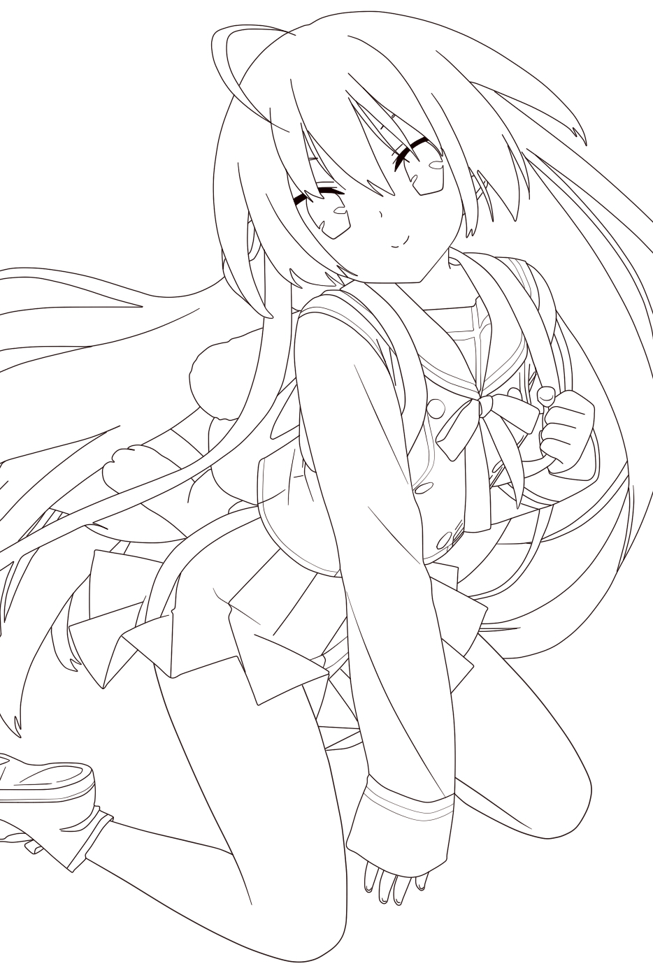 1girl, highres, kono_bushitsu_wa_kitaku_shinai_bu_ga_senkyo_shimashita., lineart, long_hair, looking_at_viewer, monochrome, sakurae_yusura