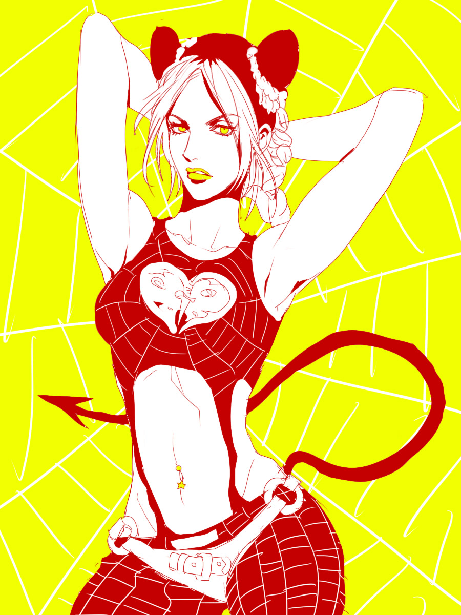 1girl, arms_behind_head, demon_tail, double_bun, highres, jojo_no_kimyou_na_bouken, kuujou_jolyne, midriff