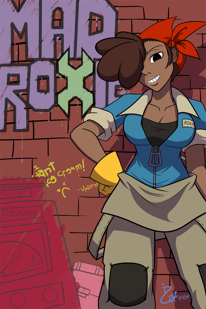 1girl, bandana, breasts, brown_hair, cleavage, dark_skin, gloves, graffiti, hair_over_one_eye, hands_on_hips, idc_zazie, large_breasts, overalls, roxie_(skullgirls), signature, skullgirls, solo, zipper