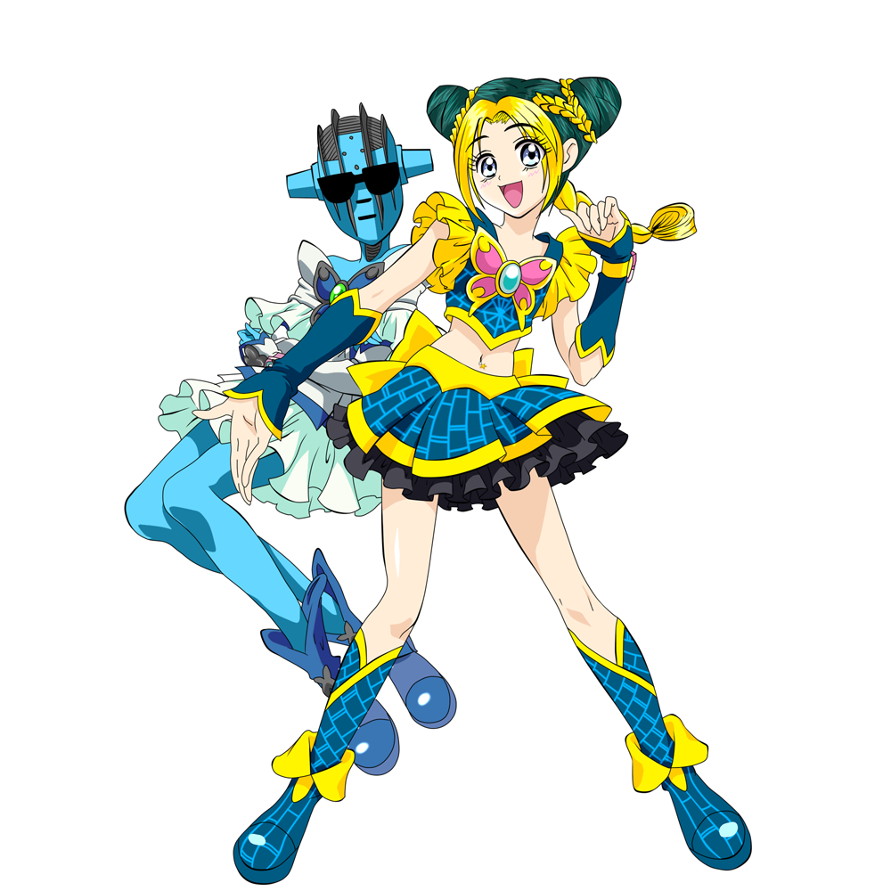 2girls, black_hair, blonde_hair, blue_eyes, boots, butterfly, character_request, cosplay