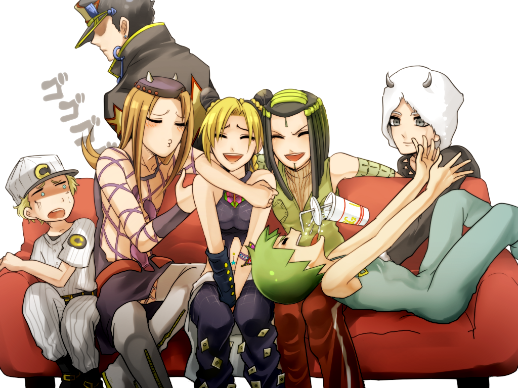 3girls, 4boys, couch, drink, emporio_alnino, foo_fighters, hermes_costello, jojo_no_kimyou_na_bouken