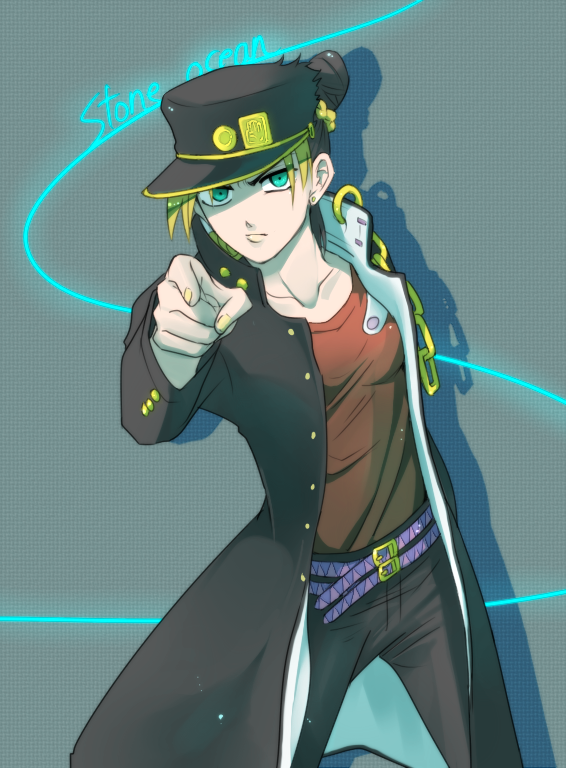 1girl, black_hair, blonde_hair, braid, chain, double_bun, green_eyes, hat, jojo_no_kimyou_na_bouken, kuujou_jolyne, kuujou_joutarou, kuujou_joutarou_(cosplay), long_coat, multicolored_hair, nabuta375, pointing, solo, string