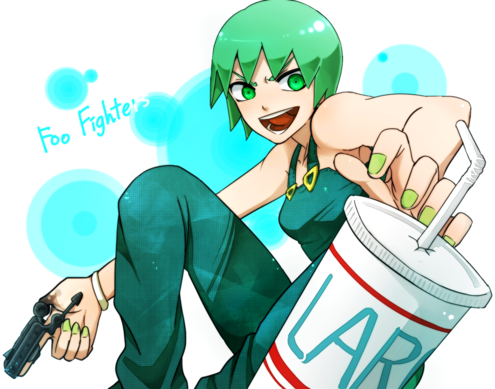 1girl, drink, foo_fighters, green_eyes, green_hair, gun, jojo_no_kimyou_na_bouken, nabuta375, nail_polish, overalls, short_hair, soda, solo, weapon