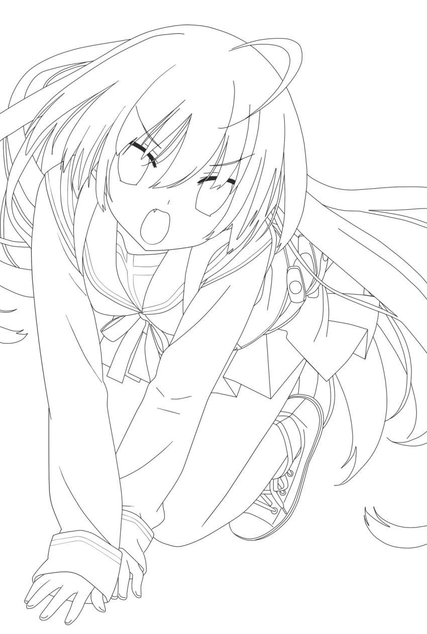 1girl, highres, kono_bushitsu_wa_kitaku_shinai_bu_ga_senkyo_shimashita., lineart, long_hair, looking_at_viewer, monochrome, open_mouth