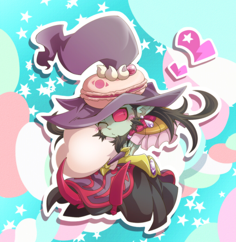 0nodera, 1boy, black_hair, blush, cake, chibi, duel_monster, earrings, food, green_skin, hat, heart, hug, jewelry, loki_lord_of_the_aesir, pointy_ears, red_eyes, wink, yuu-gi-ou