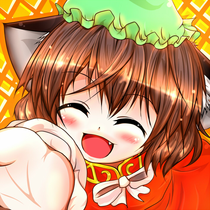 ^_^, blush, chen, closed_eyes, face, fang, kagura_una, outstretched_hand
