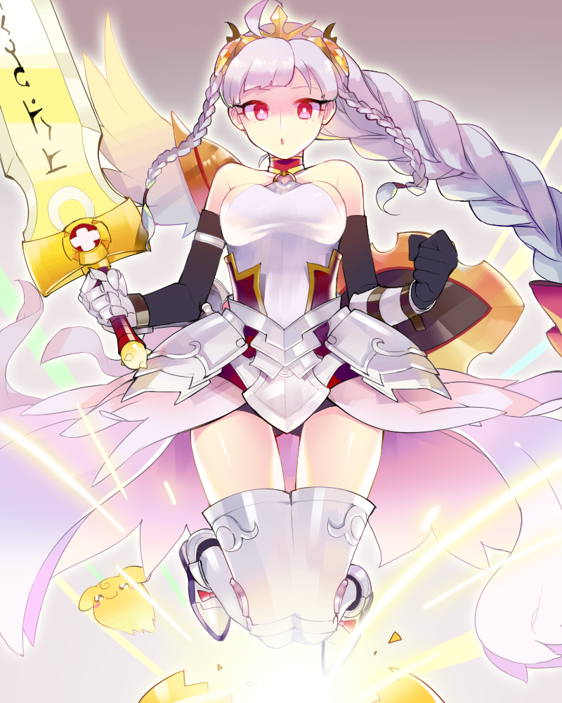 31, armor, bare_shoulders, braid, breasts, egg, gloves, huge_weapon